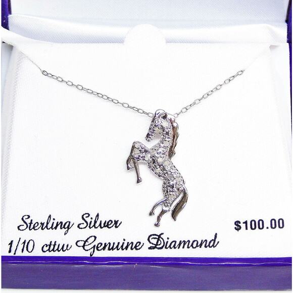 NEW 1/10ct DIAMOND .925 Silver HORSE PENDANT NECKLACE 18" Sterling Silver Chain - Picture 1 of 6